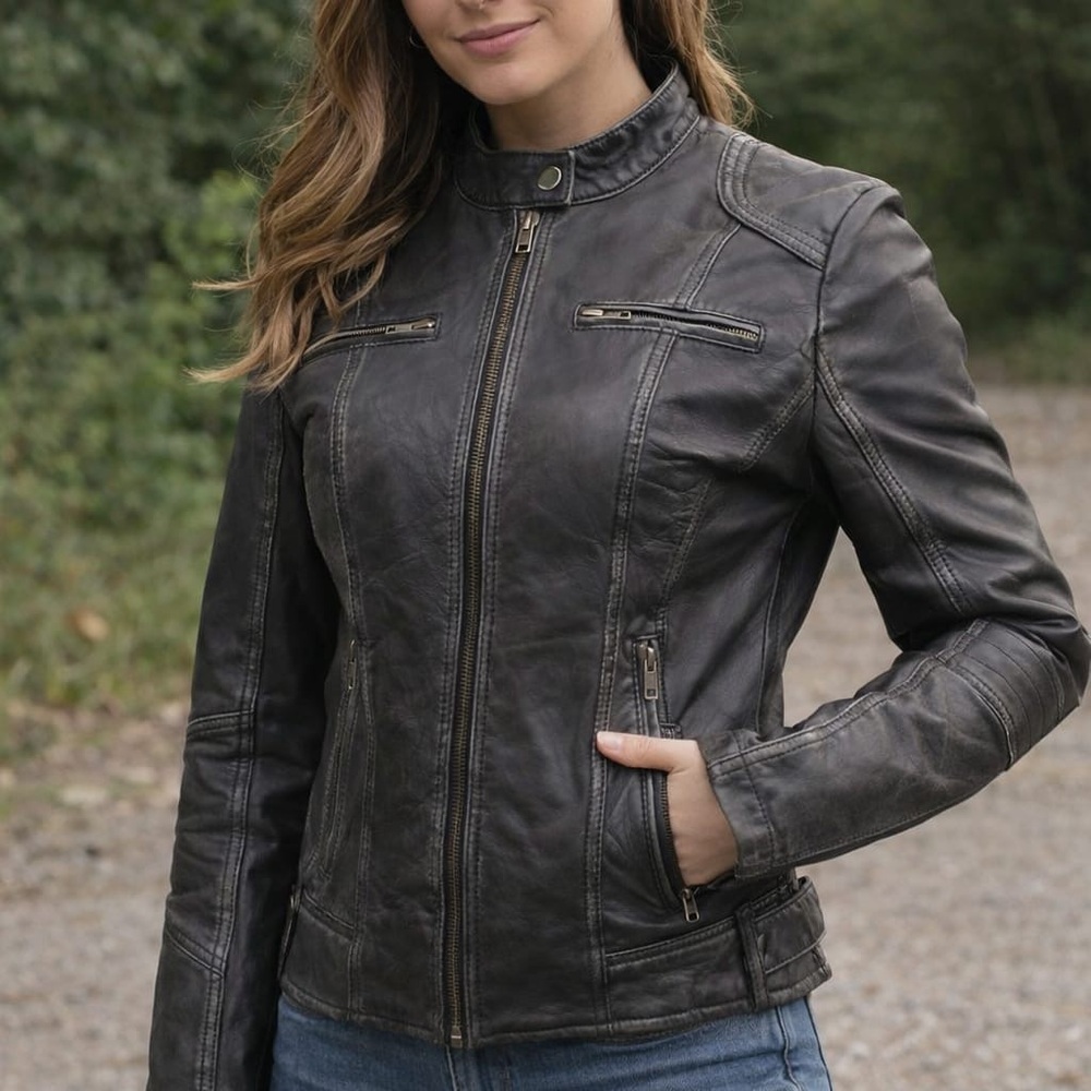 Women's Charcoal Leather Moto Jacket